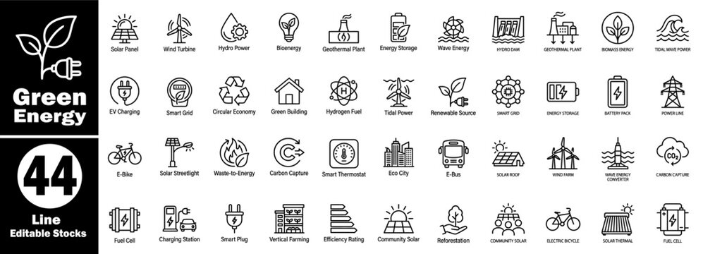 Green energy and alternative power line icons, editable stroke, renewable resources and environmental sustainability.