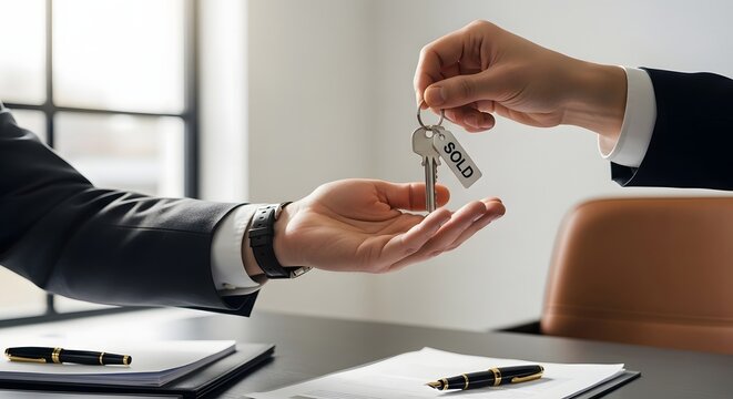 business handshake exchanging house keys in modern office with natural light
