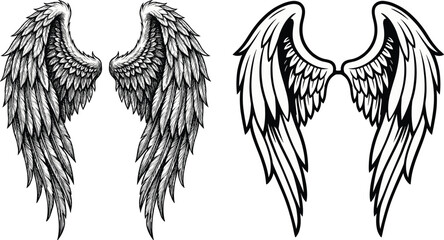 Angel wing silhouette illustrations featuring bold graphic outlines and detailed feather artwork for artistic, tattoo, logo, and fantasy concepts © MDGOLAP