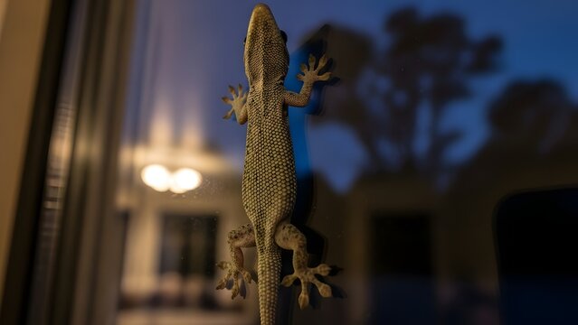 Close-up of a common house gecko, its textured skin and feet visible, clinging to a clear glass window at dusk, with blurred interior lights softly reflecting in the background