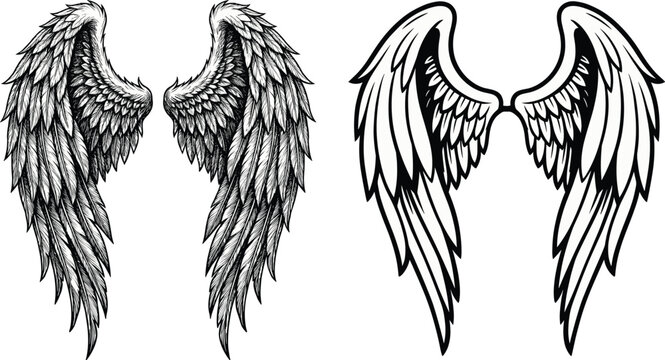 Angel wing silhouette illustrations featuring bold graphic outlines and detailed feather artwork for artistic, tattoo, logo, and fantasy concepts