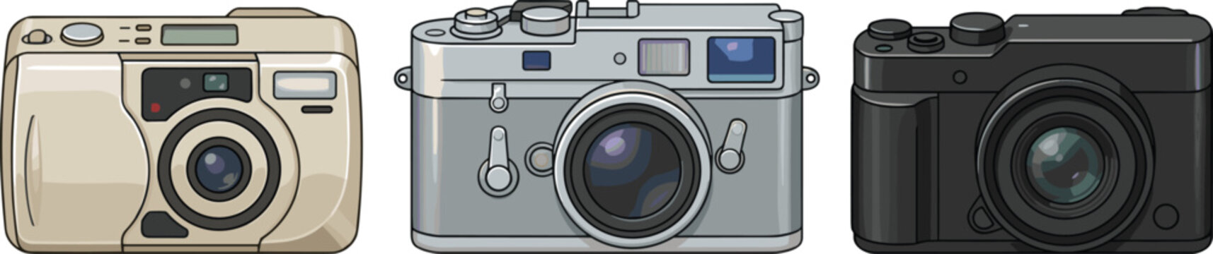 Vintage Retro and Modern Digital Cameras Collection Photography Equipment Set Vector Illustration