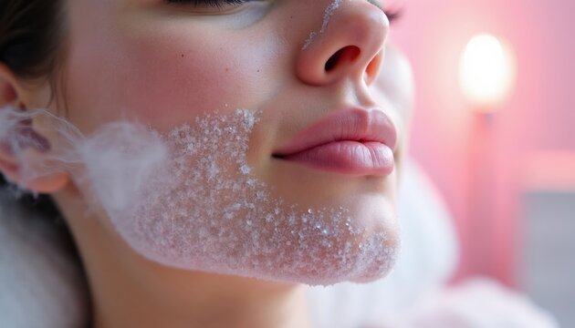 Woman face gets cryo treatment with ice crystals forming on skin. Cold therapy tightens pores and refreshes complexion. Face feels cool and revitalized. Beauty procedure.