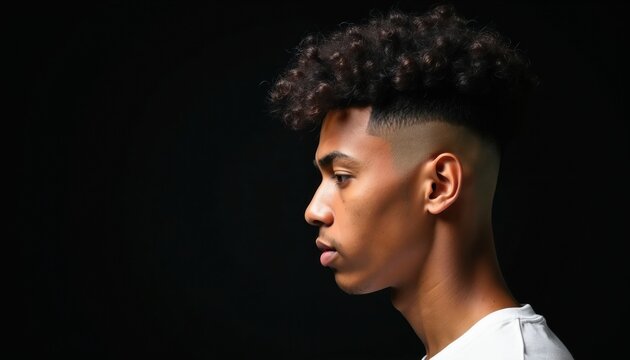 Man with trendy curly afro fade haircut in profile view on black background. Detailed view highlights contrast between short sides and voluminous top curls.