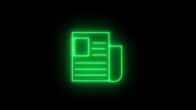 Glowing Green Neon Newspaper Icon on Black Background for Digital Media and Journalism Concepts