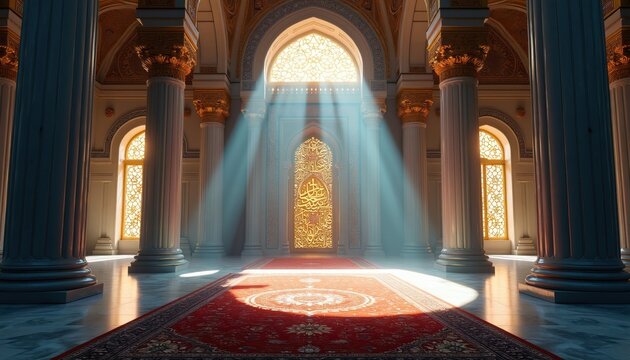 Interior opulent mosque hall with ornate golden mihrab, light rays stream through arched windows. Red carpet on marble floor leads to prayer niche, grand columns flank scene.
