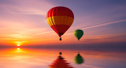 Fototapeta premium Hot air balloons flying over water at sunset vibrant sky