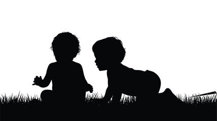 Silhouette of two babies playing in grass on a white background Keywords: babies, silhouettes, children, playing, grass, lawn, crawling, sitting, together, friendship