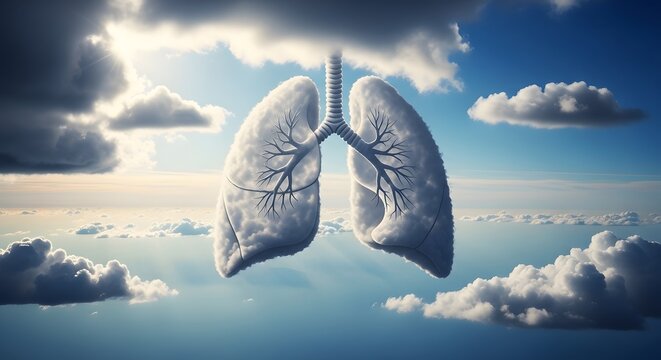 A conceptual 3D illustration of lungs shaped from clouds against a clear sky, representing respiratory wellness, asthma relief, clear breathing, and ecological awareness