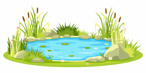Cartoon pond with blue water and green vegetation isolated on white © Kabita