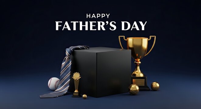 Happy father's day celebrating dad with gifts trophies and appreciation