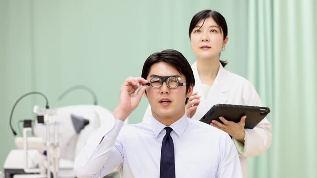 視力検査を受ける男性患者とタブレットで記録する女性医師
