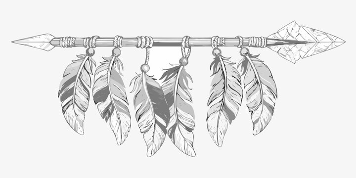 Arrow with feathers sketch style illustration on white background