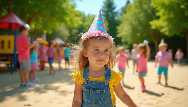 Little girl wears party hat at outdoor birthday celebration with friends playing on playground. Children enjoy fun day, bright sunny weather, pure joy.