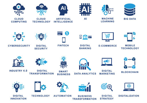 Digital transformation and innovation icon set featuring automation, industry 4.0, AI, cloud technology, blockchain, big data analytics, and smart business evolution symbols.