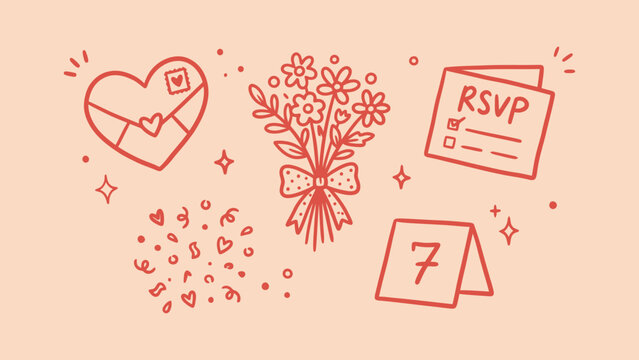 Hand-drawn wedding and event planning vector icons with heart envelope, flower bouquet, and RSVP card. Ideal for bridal shower and romantic graphics