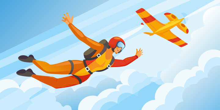 Skydiver in free fall with airplane colorful vector illustration