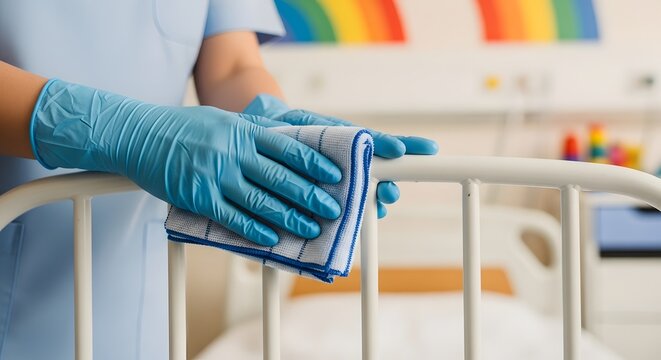A healthcare worker wearing blue gloves wipes down a pediatric hospital bed frame with a sanitizing cloth, maintaining strict hygiene and infection control in a children's ward