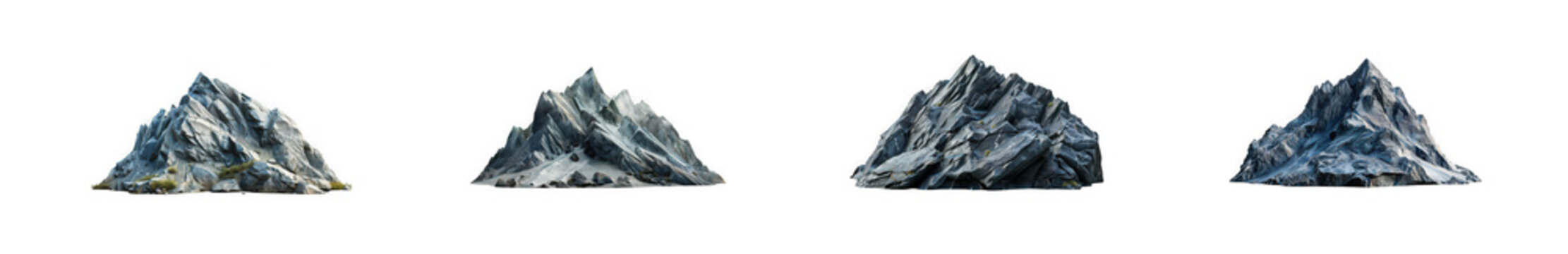 Set of snowy mountain peaks and rocky hills landscape elements as isolated on transparent background
