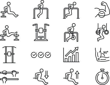 Dips and bodyweight strength training icons featuring parallel bars and bench workout set.