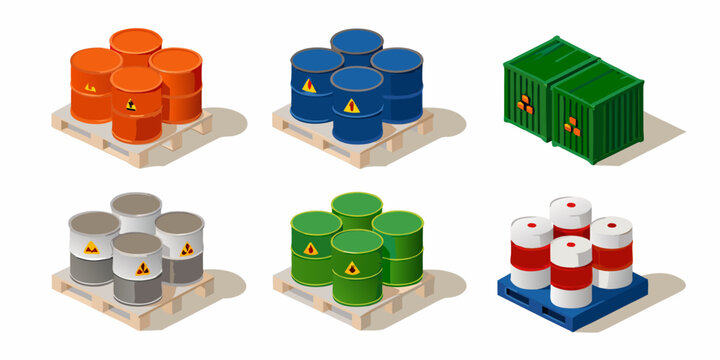 colorful industrial drums on pallets isometric vector illustration