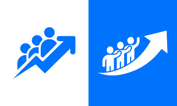 Blue icons depicting a group of people with an upward trending arrow, representing growth, progress, success, and business development