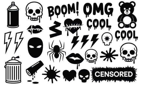 Grunge graffiti icons set with skull spray boom text urban street art vector collection