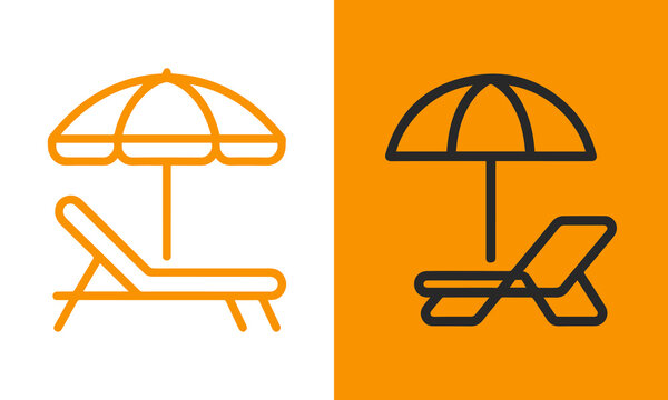 Orange and black line icons of a beach chair and umbrella, representing vacation, relaxation, travel, and leisure