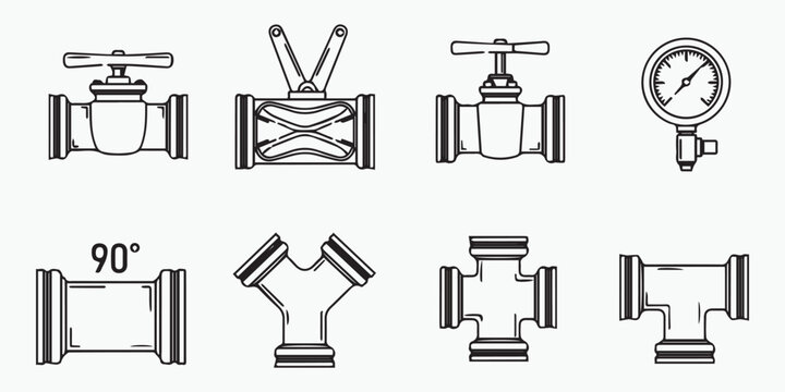 Industrial pipe fitting set, plumbing valve icons, water pressure gauge, T-joint connector, elbow pipe, industrial engineering elements, black and white cad drawing flat vector.