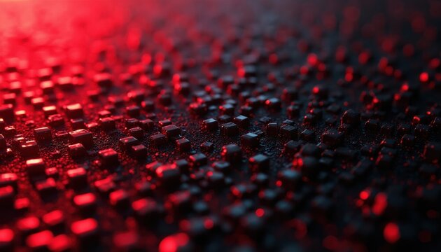 Abstract texture of dark cubes with red light illumination. Small squares arranged on a rough surface creating a digital or tech pattern. Modern graphic background with depth and contrast.