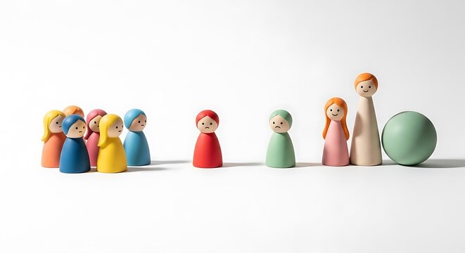 Wooden figures are exchanging ideas in an office context with speech bubbles above their heads in a minimalistic scene