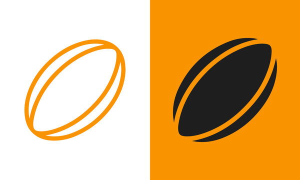 Two stylized icons of a rugby ball, one outlined in orange and the other a solid black silhouette