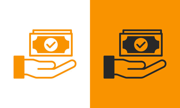 Icons depicting money transfer, with a hand holding cash and a check mark, presented in orange outline and black silhouette styles.