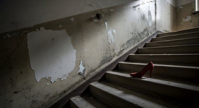 A single red high heel shoe sits abandoned on the concrete stairs of a dark, derelict building with peeling paint, symbolizing danger, a missing person, or a crime scene