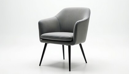 Fototapeta premium Modern gray upholstered chair with black metal legs. Comfortable seat and back. Minimalist design studio furniture. Simple elegance for home or office.