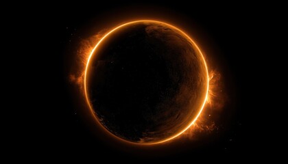 Fototapeta premium Mysterious Glow: A Deep Dive Into The Science Of Dark Moon, Orange Fire, And Sun Eclipse In Space Using Light.
