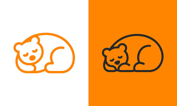 Stylized icons of a sleeping bear curled up, in orange outline and black silhouette, conveying rest and hibernation peacefully.