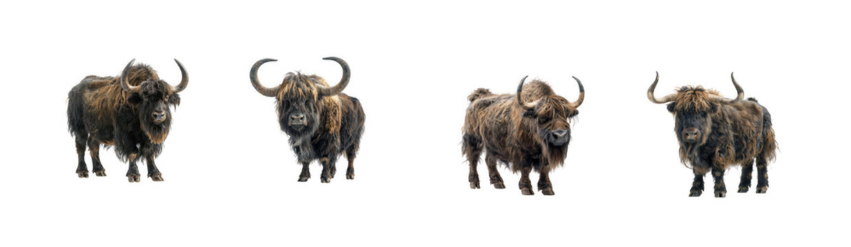 Group of shaggy muskox standing in different positions and angles as isolated on transparent background