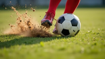 Fototapeta premium low angle soccer kick with red sock foot striking ball dirt and grass flying action shot