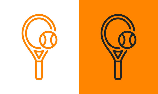 Tennis racket and ball icons, one in outline and the other solid black
