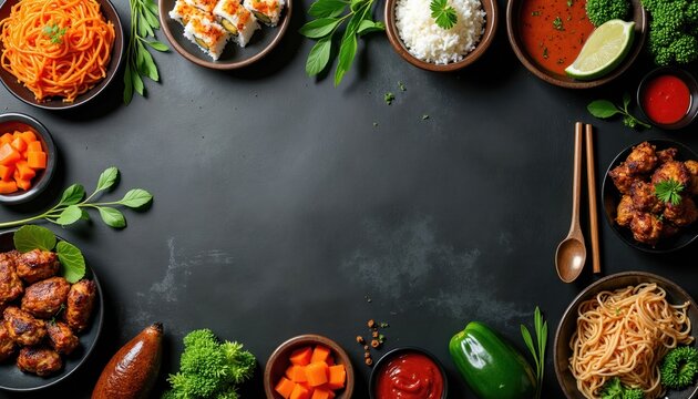 Various Asian dishes arranged on a dark surface, including noodles, sushi, rice, chicken, and vegetables. This layout offers space for text or a menu, perfect for restaurant promotions or food blogs.