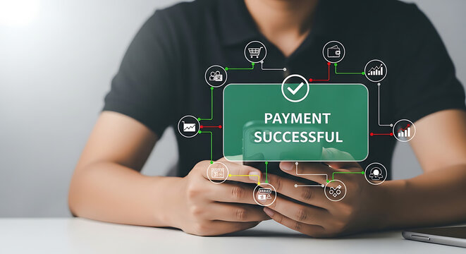 Successful payment confirmation on a smartphone with digital icons representing e-commerce and financial transactions
