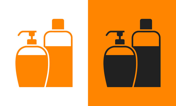 Two bottles of liquid, one with a pump dispenser, symbolizing hygiene, personal care, cosmetics, and beauty products for daily use.