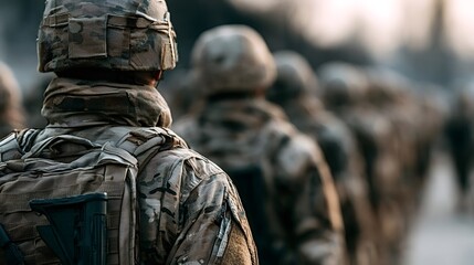 Naklejka premium Soldiers are wearing tactical gear and camouflage uniforms, representing the concepts of patriotism, teamwork, and national security, standing in a line as a symbol of unity and mission readiness