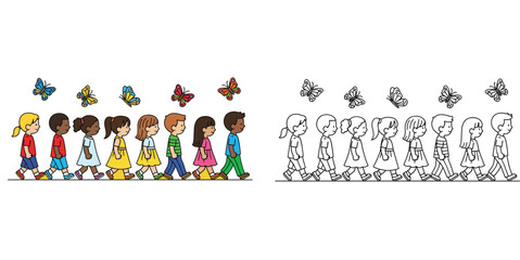 Fototapeta premium Diverse Children Walking in a Line with Butterflies - Kids Education & Friendship Illustration