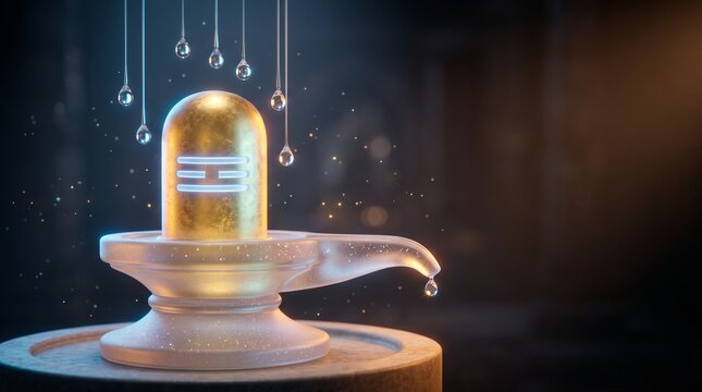 Sacred Golden Shiva Lingam with Divine Water Droplets in Temple.