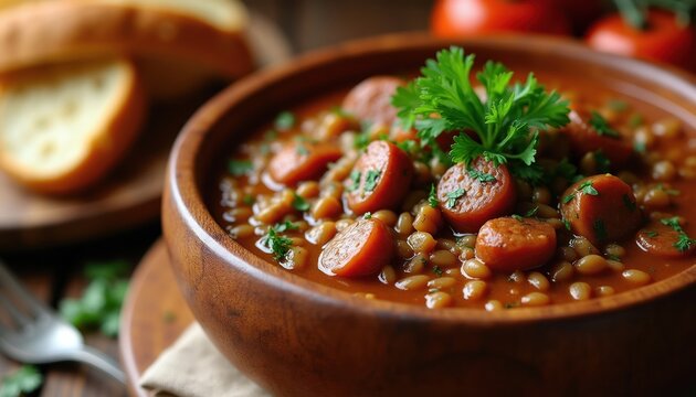 Hearty lentil and sausage stew served in rustic wooden bowl. Chunks of sausage float in thick broth with parsley garnish. Bread slices nearby, tomatoes in background. Perfect comfort meal.