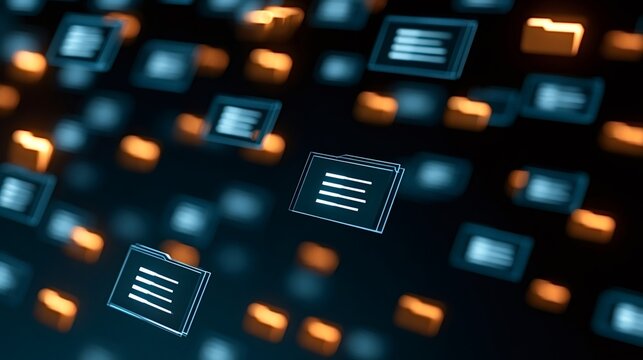 Digital files and folders representing cloud computing, network storage, secure file sharing and data organization for modern business technology and it infrastructure management