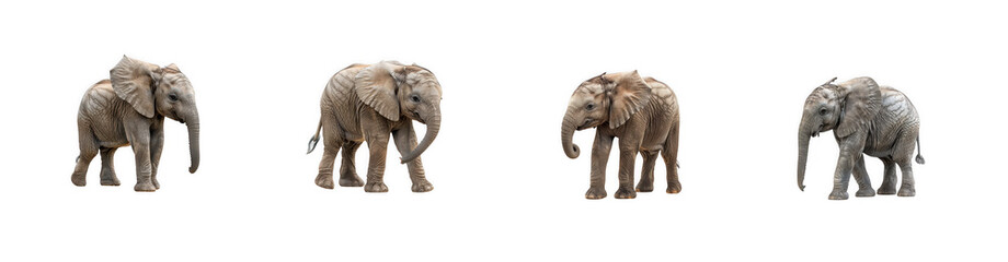 Fototapeta premium Collection of baby african elephant calves walking in different poses as isolated on transparent background