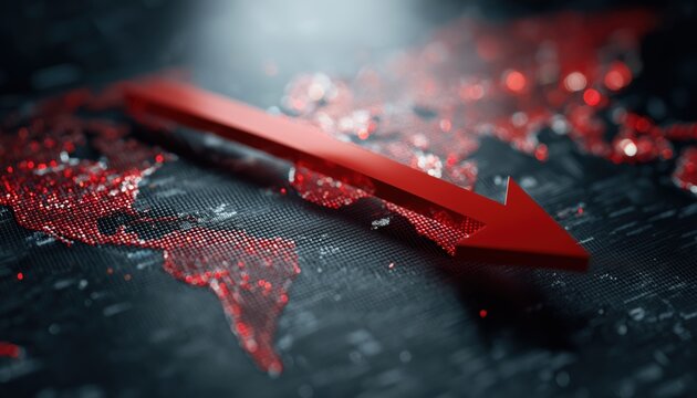 Descending Red Arrow Pointing Downwards Overlaid On Top Of A Detailed World Map. This Design Showcases A Bold And Dramatic Visual Contrast.